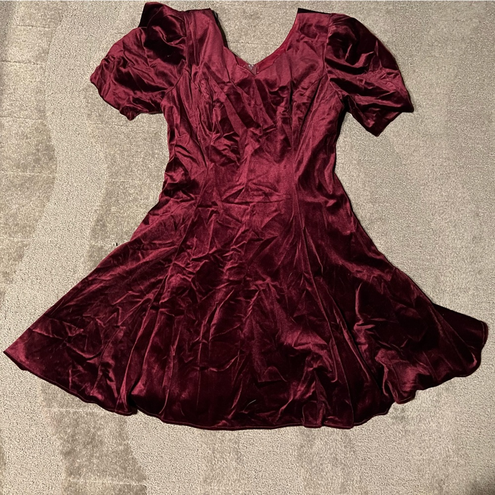 Vintage Jodi Michaels Burgundy Velvet Large Ribbon Bow Back Dress Prom Party